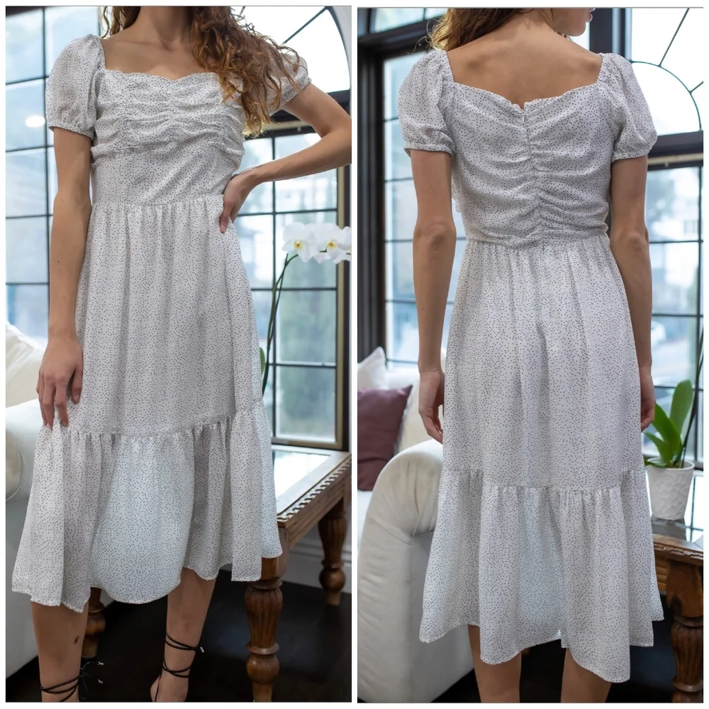 FEW LEFT❗️SUGAR+LIPS Chic Off White Polka Dot Midi Dress - Picture 5 of 5